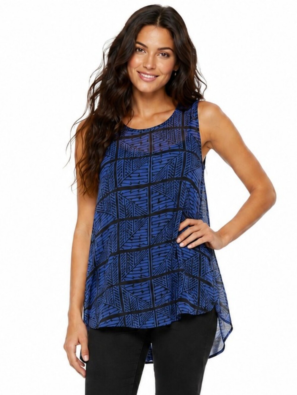 Lucky Brand Blue Tribal Tunic Top Semi Sheer Boho Festival High Low S
